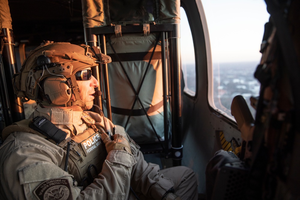 CBP AS350 A-Star conducts flyover of Mercedes-Benz Stadium prior to Super Bowl LIII
