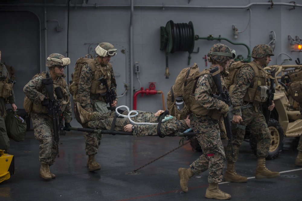 CLB-31 Marines, Sailors, Wasp crew rehearse mass casualty response during 'Nightingale'