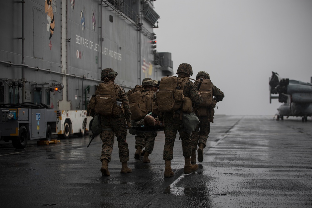 CLB-31 Marines, Sailors, Wasp crew rehearse mass casualty response during 'Nightingale'