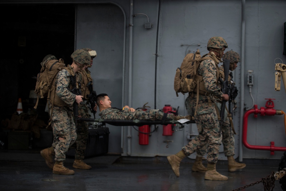 CLB-31 Marines, Sailors, Wasp crew rehearse mass casualty response during 'Nightingale'