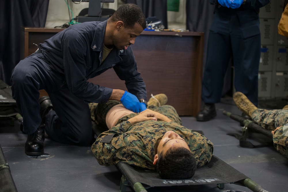 CLB-31 Marines, Sailors, Wasp crew rehearse mass casualty response during 'Nightingale'