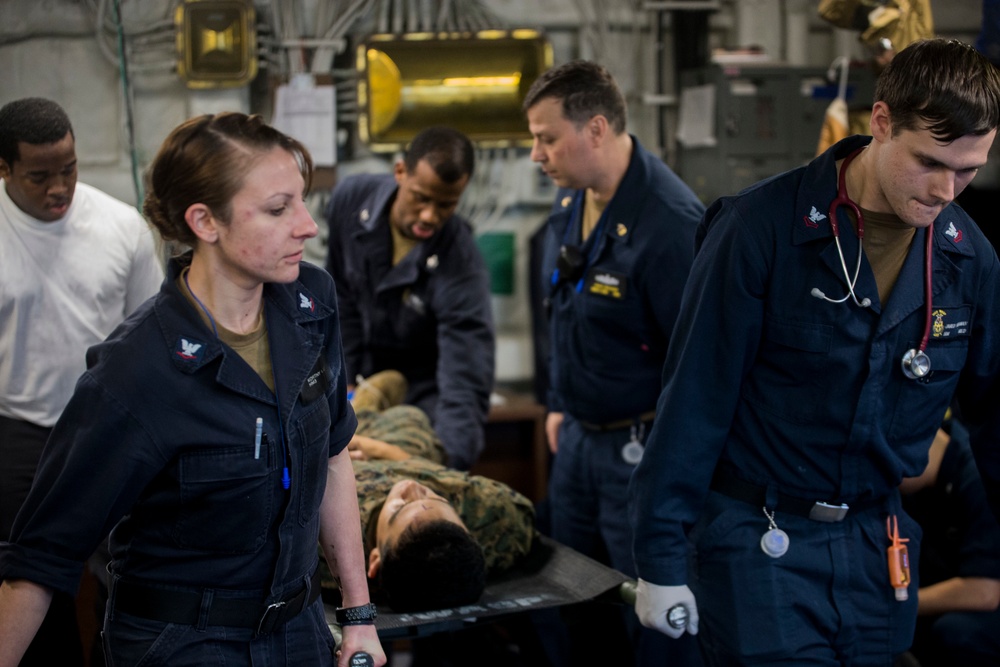 CLB-31 Marines, Sailors, Wasp crew rehearse mass casualty response during 'Nightingale'