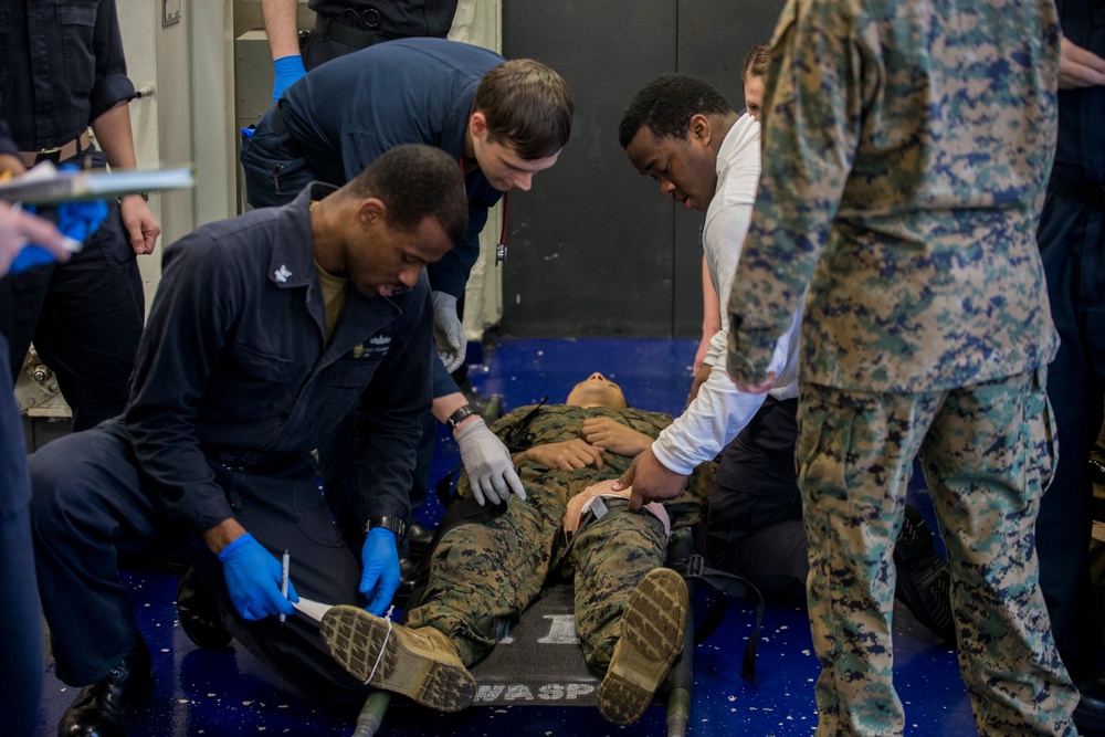 CLB-31 Marines, Sailors, Wasp crew rehearse mass casualty response during 'Nightingale'