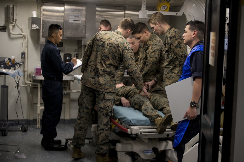 CLB-31 Marines, Sailors, Wasp crew rehearse mass casualty response during 'Nightingale'