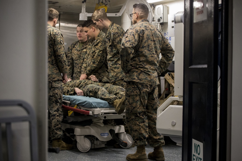 CLB-31 Marines, Sailors, Wasp crew rehearse mass casualty response during 'Nightingale'