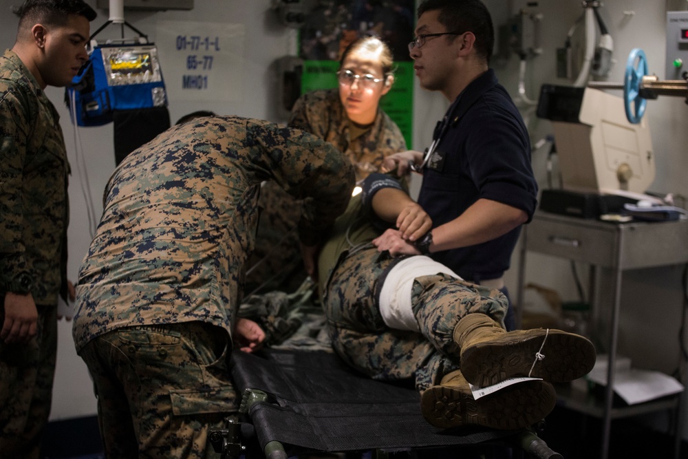 CLB-31 Marines, Sailors, Wasp crew rehearse mass casualty response during 'Nightingale'