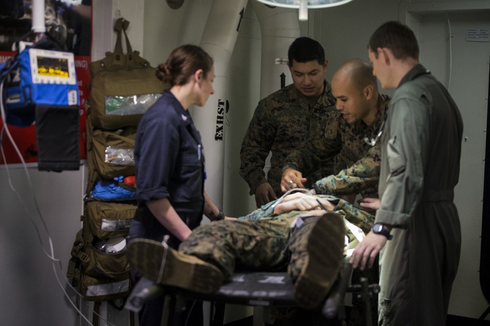 CLB-31 Marines, Sailors, Wasp crew rehearse mass casualty response during 'Nightingale'