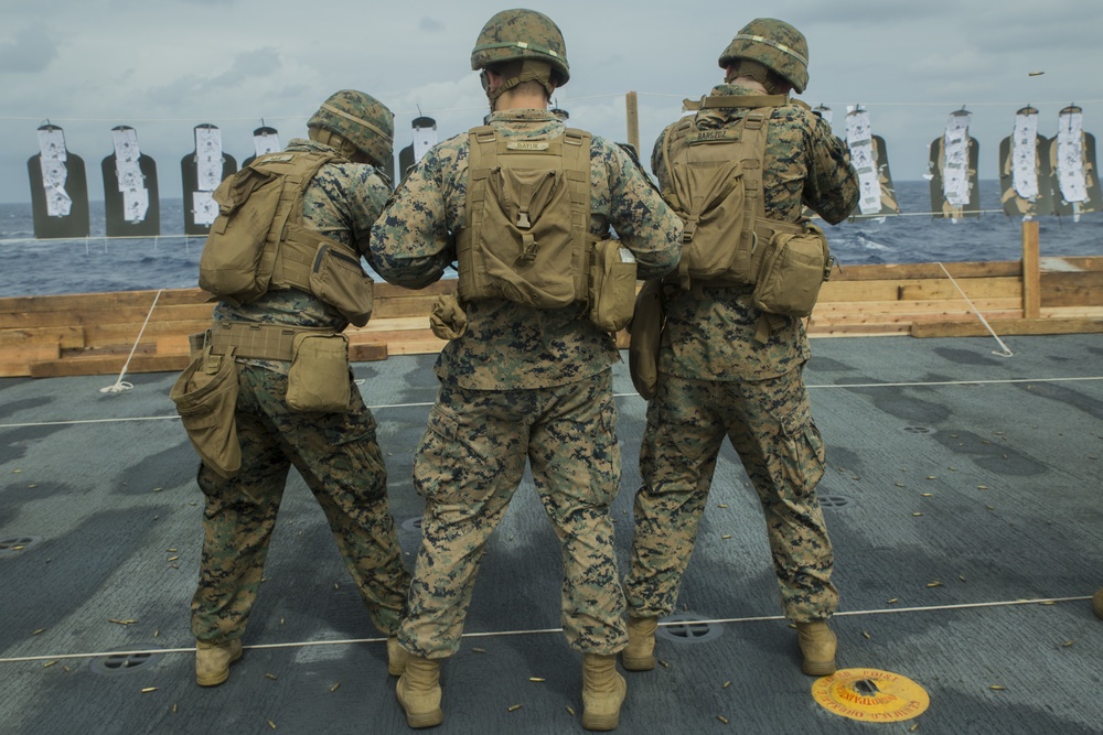 Bravo Company Marines conduct small-arms marksmanship training aboard Green Bay