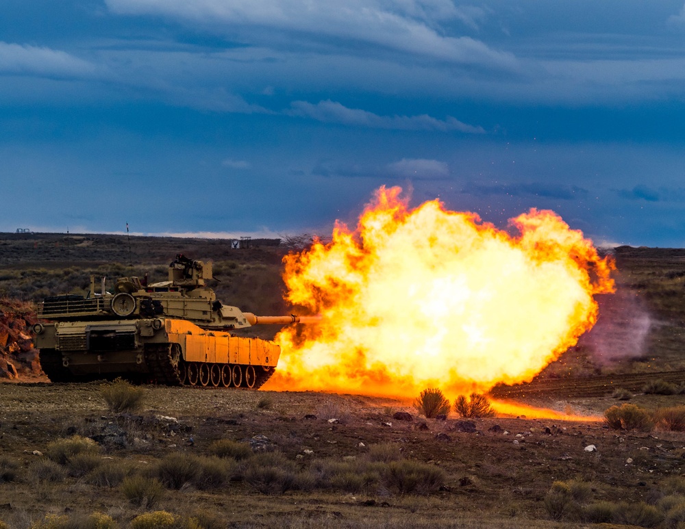 An M1-series tank crew conducts qualification at the Orchard Combat Training Center in Idaho