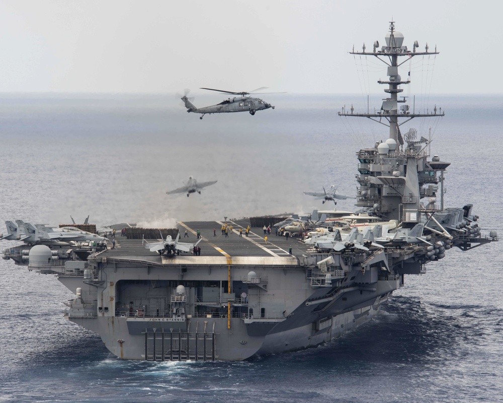 The aircraft carrier USS John C. Stennis (CVN 74) conducts flight operations