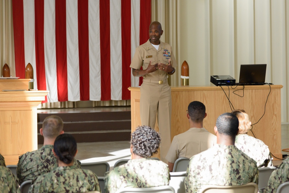 U.S. Naval Base Guam Command Master Chief Ken Ballard speaks at the Guam Yeoman-Legalman-Personnel Specialist Symposium