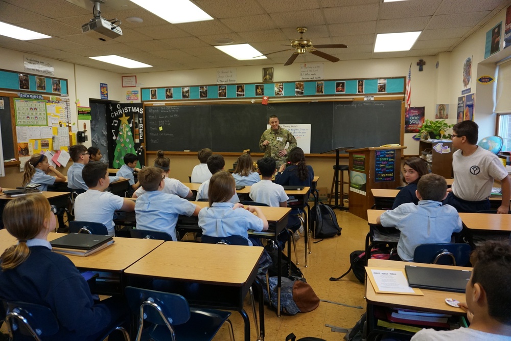 Lt. Col. Jeffrey J. Ignatowski, Letterkenny Munitions Center Commander, speaks to sixth graders at St. Mary Catholic School, Hagerstown, Md. for Career Day during Catholic Schools Week.