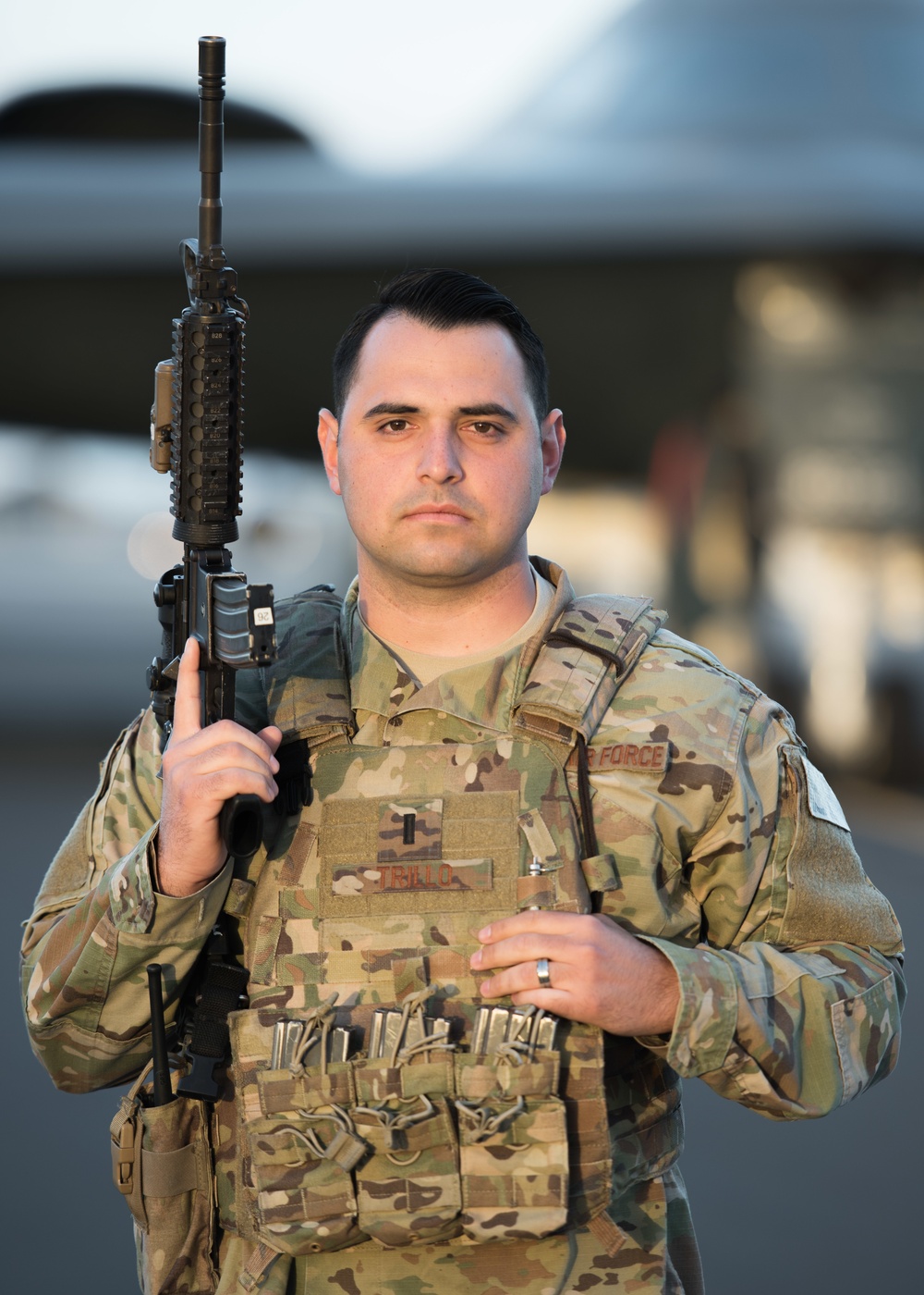 Security Forces Airman guards B-2 Spirit Stealth Bomber at Joint Base Pearl Harbor-Hickam