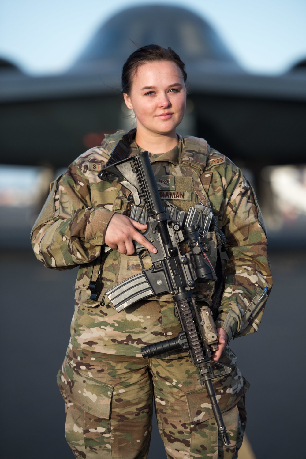 Security Forces Airman guards B-2 Spirit Stealth Bomber