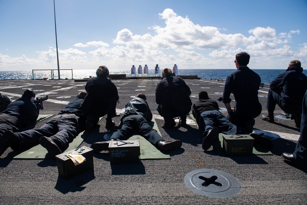 USS Harpers Ferry Conducts Small Arms Qualification Course