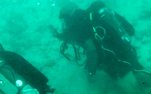 Two scuba divers are photographed underwater near a sandy seafloor. Both divers are equipped with full scuba gear including tanks, BCDs, and regulators, with neon green accents visible on their equipment. The water has a characteristic green-teal tint with moderate visibility.