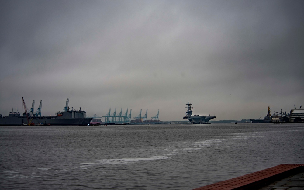 CVN 77 Transits Elizabeth River To NNSY