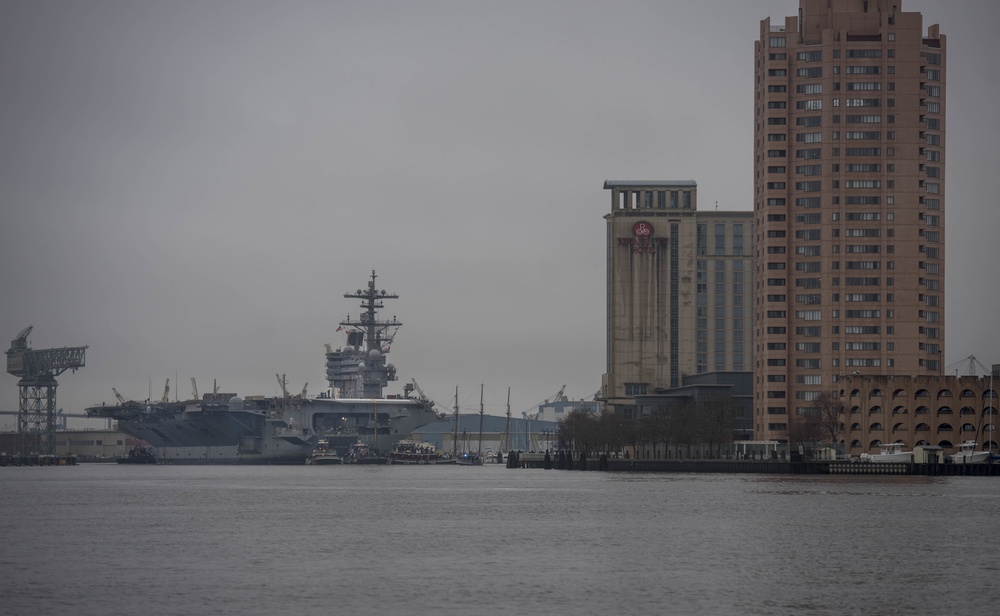 CVN 77 Transits Elizabeth River To NNSY