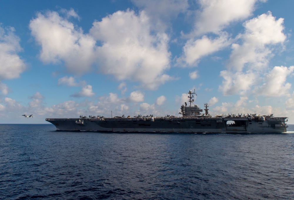The aircraft carrier USS John C. Stennis (CVN 74) launches an E/A-18G Growler
