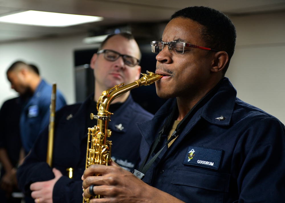 Seventh Fleet Band Far East Edition plays during Black History Month celebration.