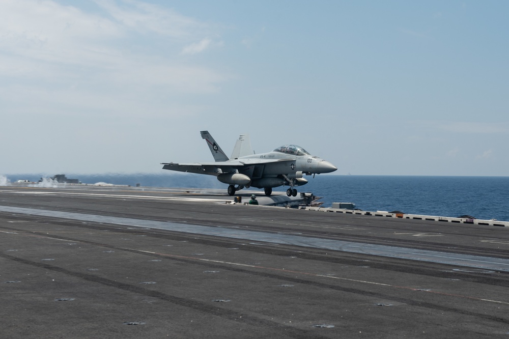 An F/A-18F Super Hornet launches from the flight deck