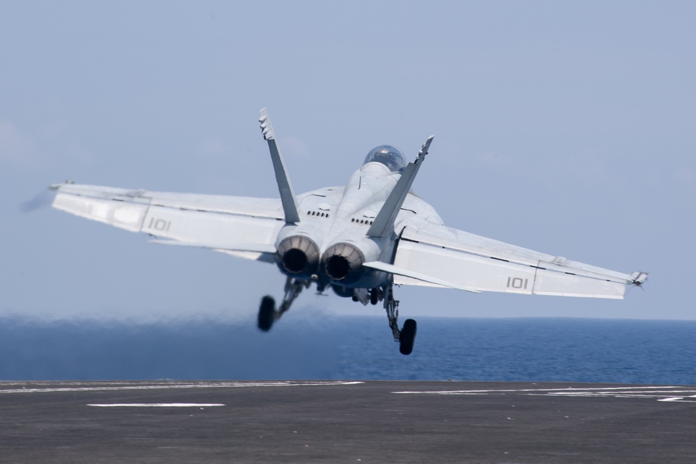 An F/A-18F Super Hornet launches from the flight deck