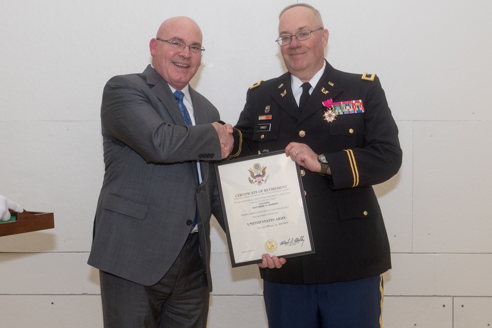 Legal Command hosts retirement ceremony for COL Ramsey and MSG Moore