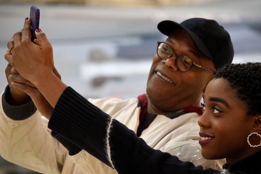 Samuel L Jackson and Lashana Lynch with F-15