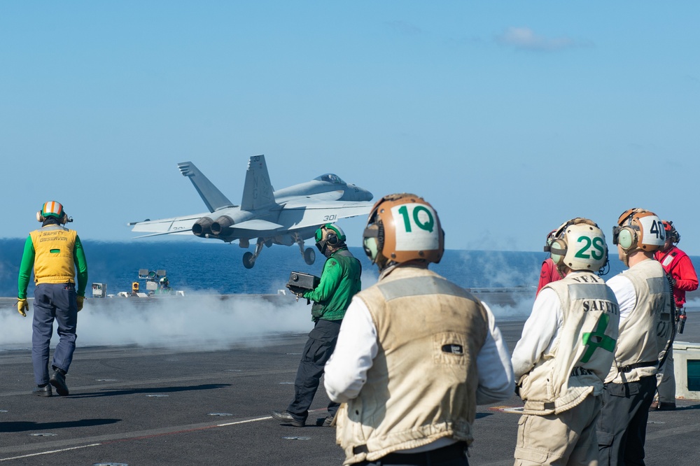 The aircraft carrier USS John C. Stennis (CVN 74) conducts flight operations