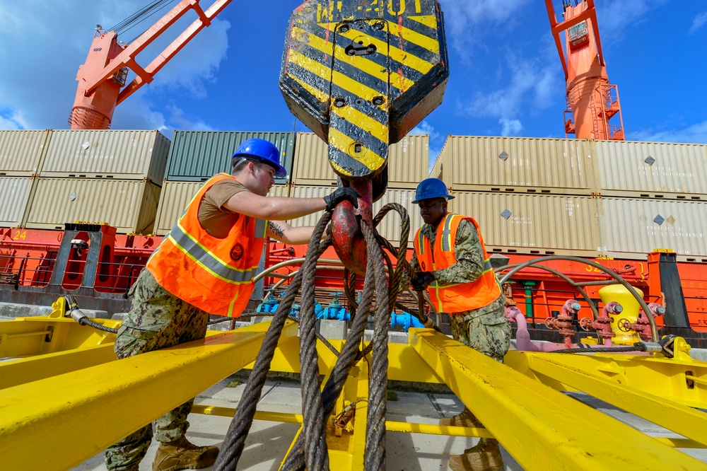 Two workers in military-style camouflage uniforms, orange high-visibility safety vests, and blue hard hats are operating rigging equipment at a port or shipyard. They are attaching or managing heavy wire rope cables connected to a large crane hook marked with black and yellow hazard stripes. The background shows stacked shipping containers and red port cranes under a partly cloudy blue sky.