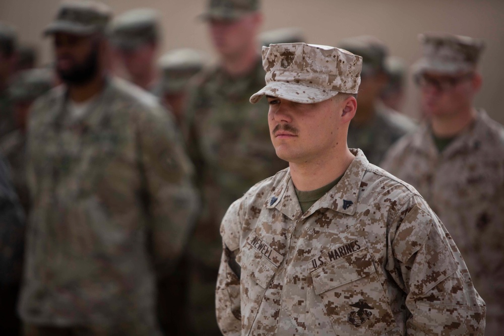 Marines receive Army Achievement Medals for their performance at the National Training Center