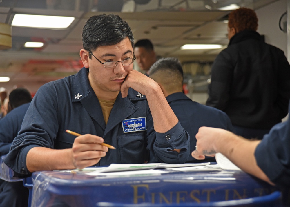 USS Blue Ridge (LCC 19) conducts Navywide E-6 Advancement Exams
