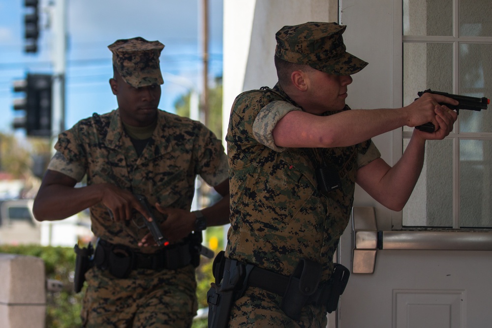 Always prepared: Police Officers with MCB Camp Pendleton PMO participate in an active shooter drill