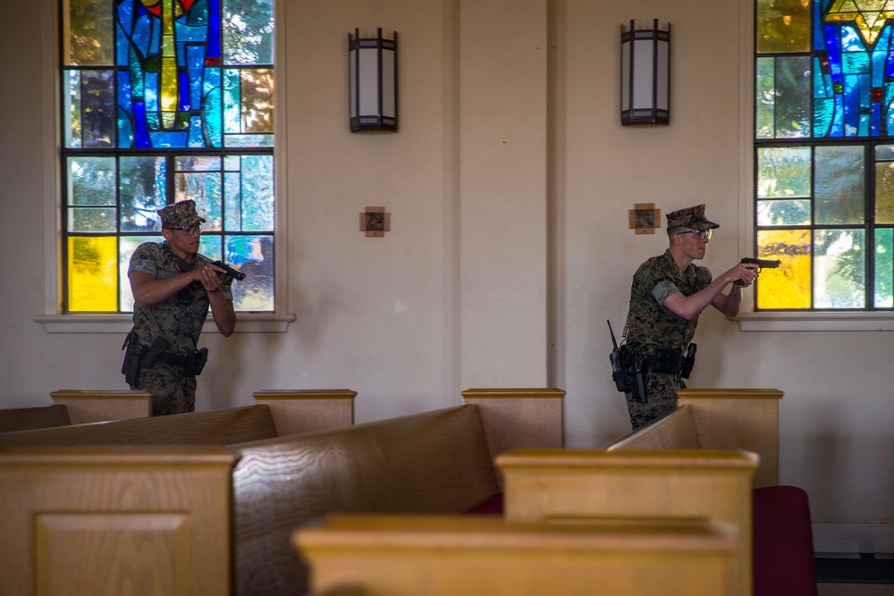 Always prepared: Police Officers with MCB Camp Pendleton PMO participate in an active shooter drill