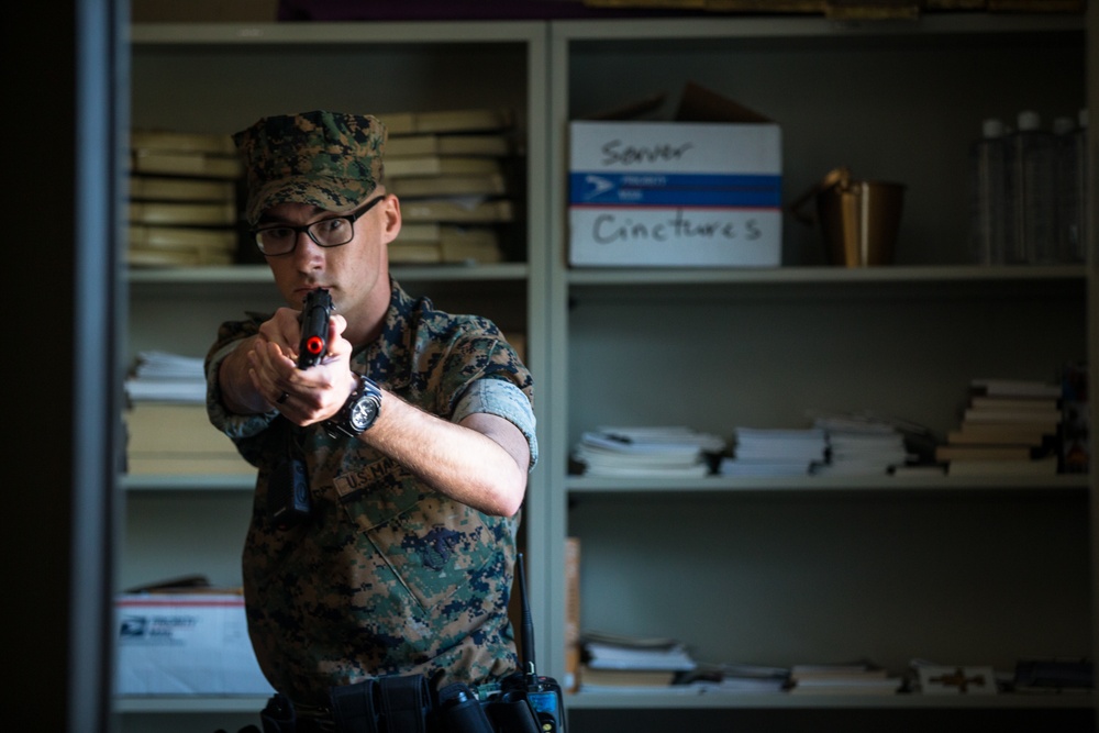 Always prepared: Police Officers with MCB Camp Pendleton PMO participate in an active shooter drill