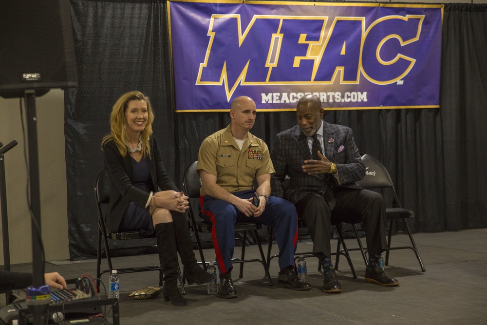Marines interact with attendees at MEAC college fair