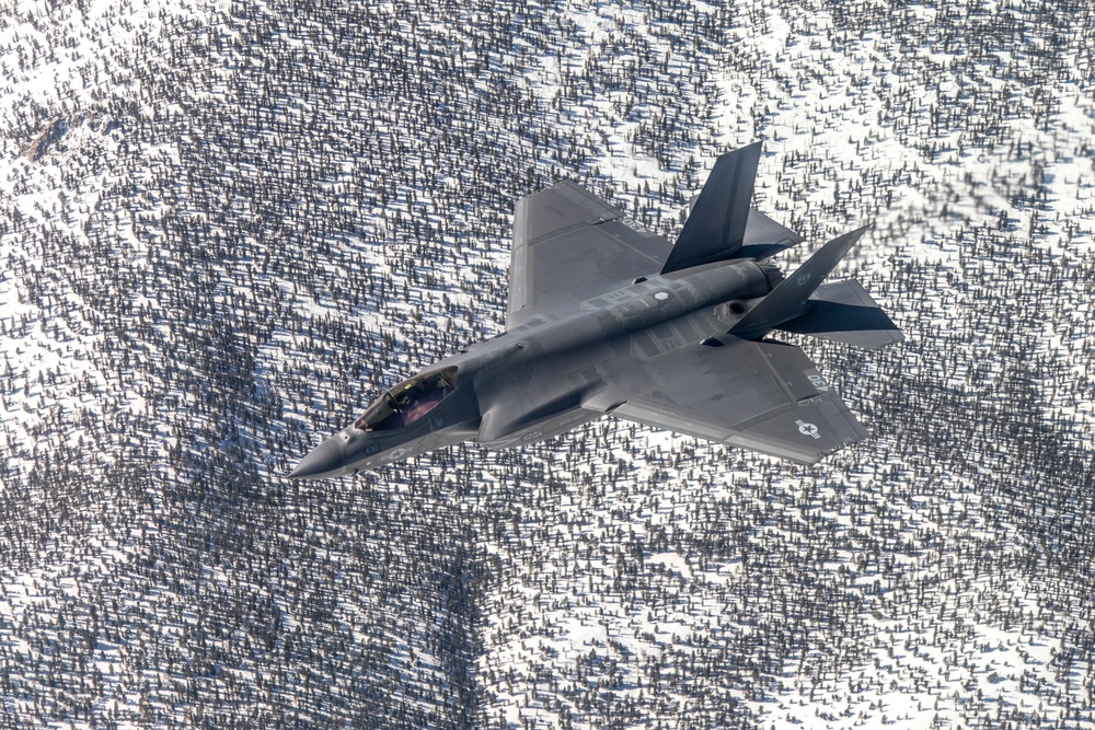 Two F-35C's Fly Over Snow Covered Sierra Mountains