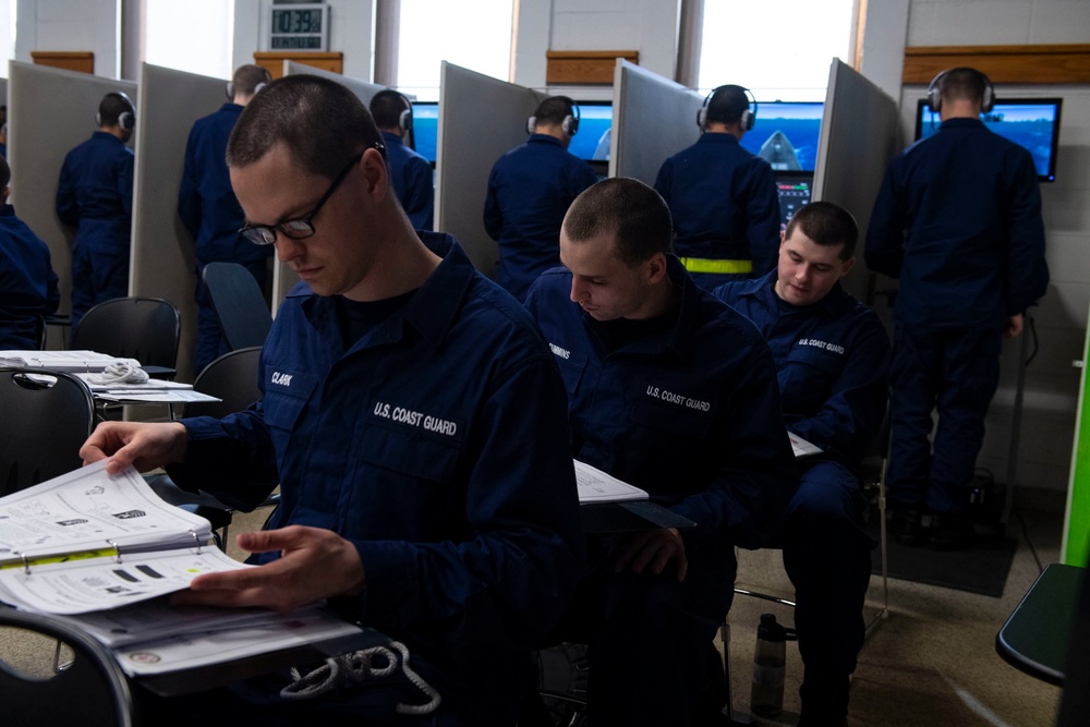 Coast Guard recruits practice helm command training and knot tying