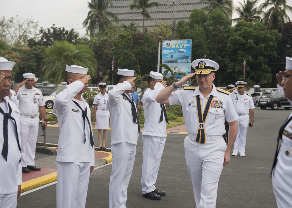 Rear Admiral Theodore LeClair, deputy commander, U.S. 7th Fleet, meets with, Rear Adm. Rommel Jude G. Ong, vice commander of the Philippine Navy