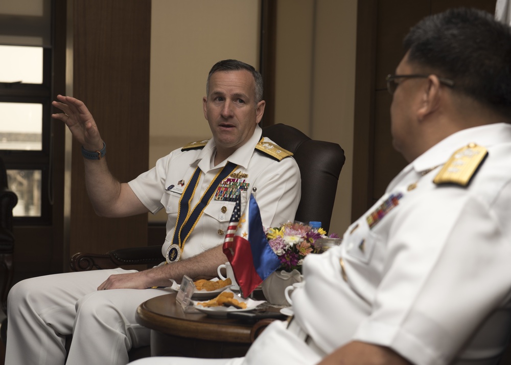 Rear Admiral Theodore LeClair, deputy commander, U.S. 7th Fleet, meets with, Rear Adm. Rommel Jude G. Ong, vice commander of the Philippine Navy