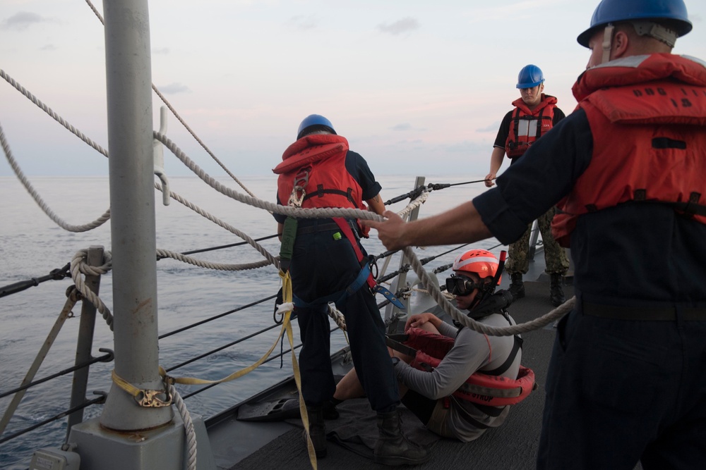 U.S. Navy Sailors aboard the guided-missile destroyer USS Spruance (DDG 111) conduct man overboard drills in the Indian Ocean.