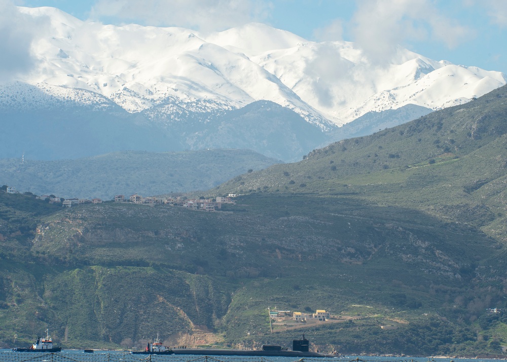 The Ohio-class cruise missile submarine USS Florida (SSGN 728) arrives in Souda Bay, Greece for a scheduled port visit March 14, 2019.