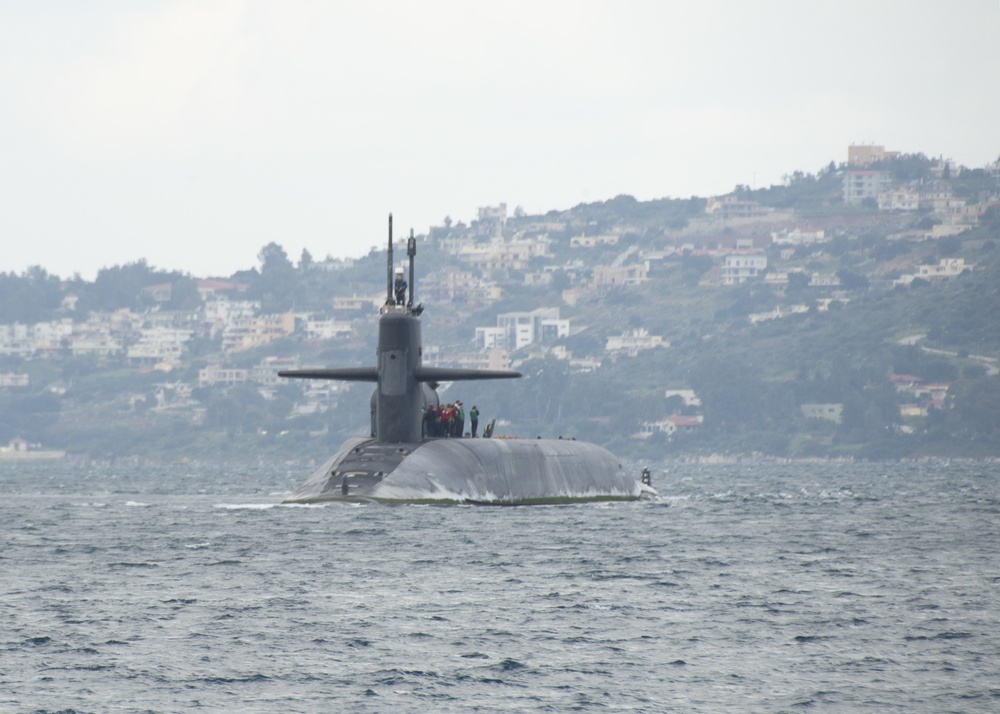 The Ohio-class cruise missile submarine USS Florida (SSGN 728) arrives in Souda Bay, Greece for a scheduled port visit March 14, 2019.