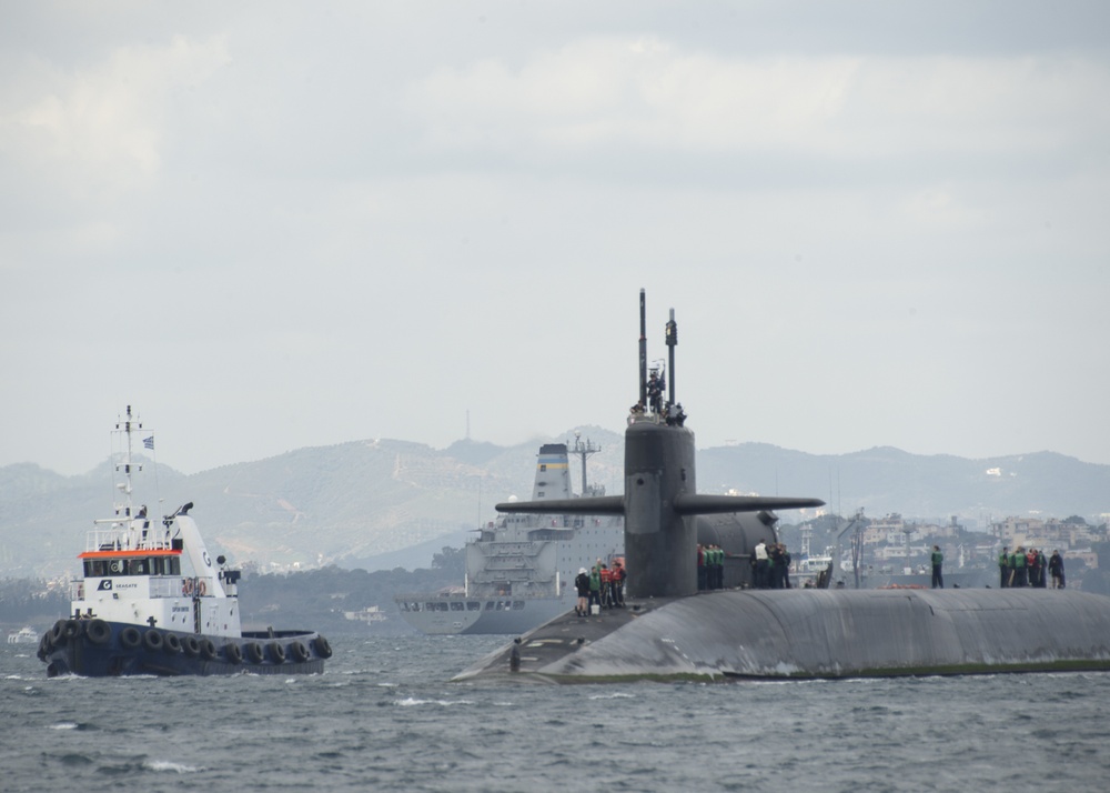 The Ohio-class cruise missile submarine USS Florida (SSGN 728) arrives in Souda Bay, Greece for a scheduled port visit March 14, 2019.