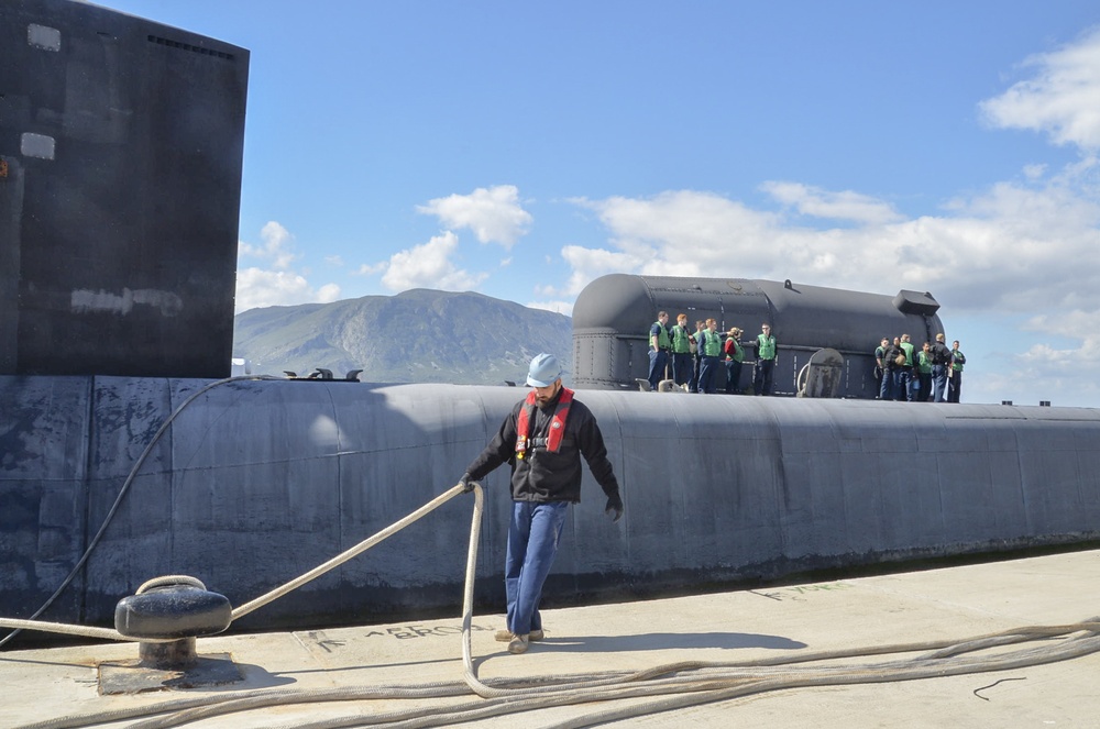 The Ohio-class cruise missile submarine USS Florida (SSGN 728) arrives in Souda Bay, Greece for a scheduled port visit March 14, 2019.