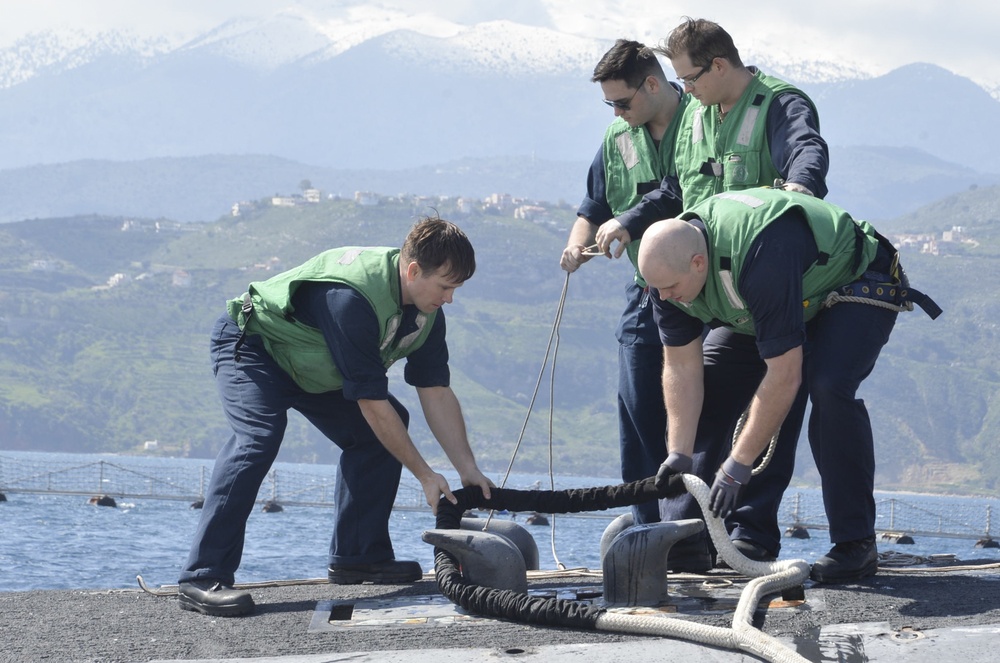 The Ohio-class cruise missile submarine USS Florida (SSGN 728) arrives in Souda Bay, Greece for a scheduled port visit March 14, 2019.