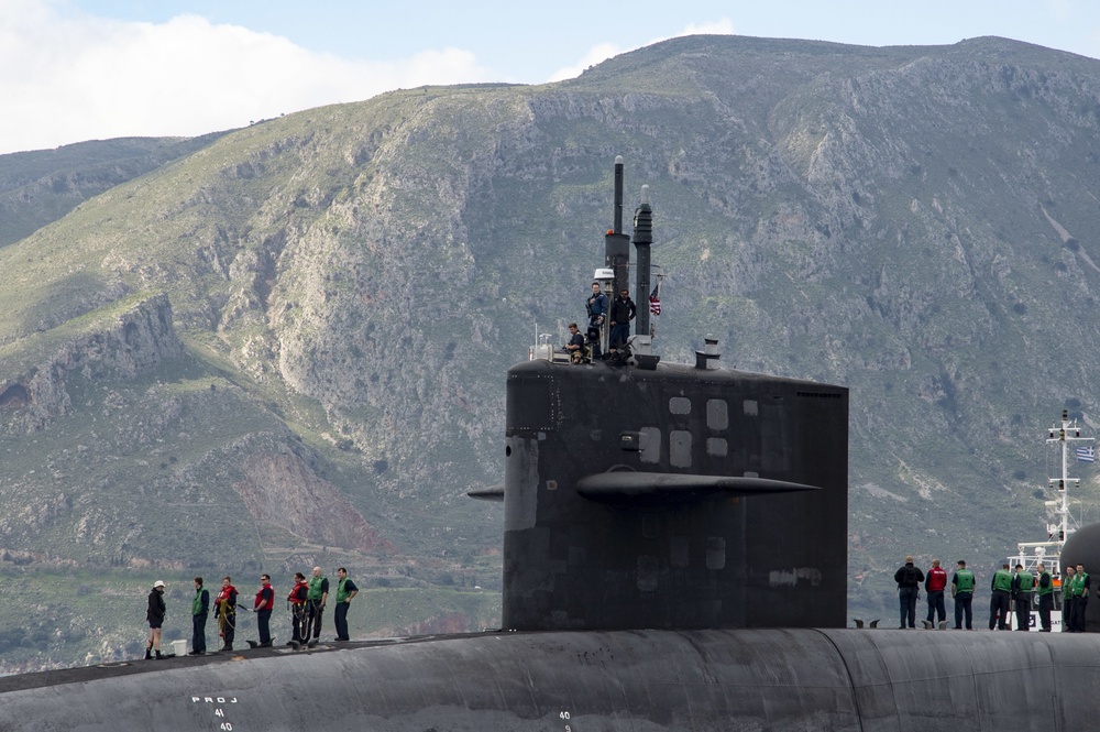 The Ohio-class cruise missile submarine USS Florida (SSGN 728) arrives in Souda Bay, Greece for a scheduled port visit March 14, 2019.