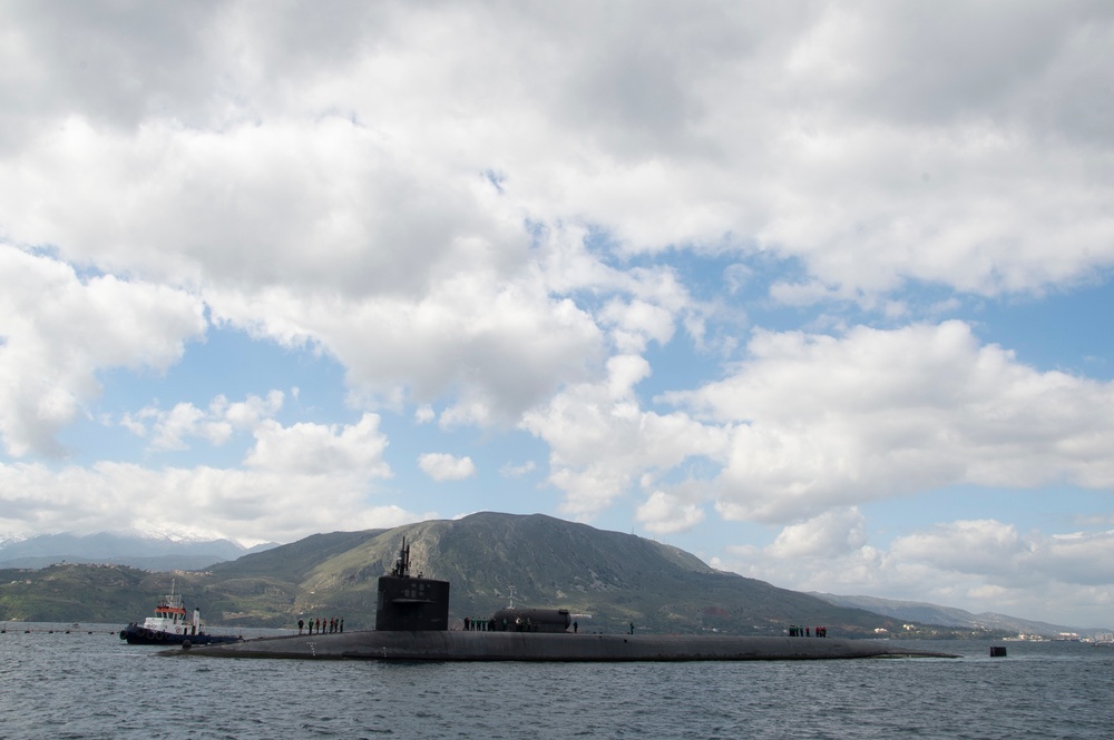 The Ohio-class cruise missile submarine USS Florida (SSGN 728) arrives in Souda Bay, Greece for a scheduled port visit March 14, 2019.