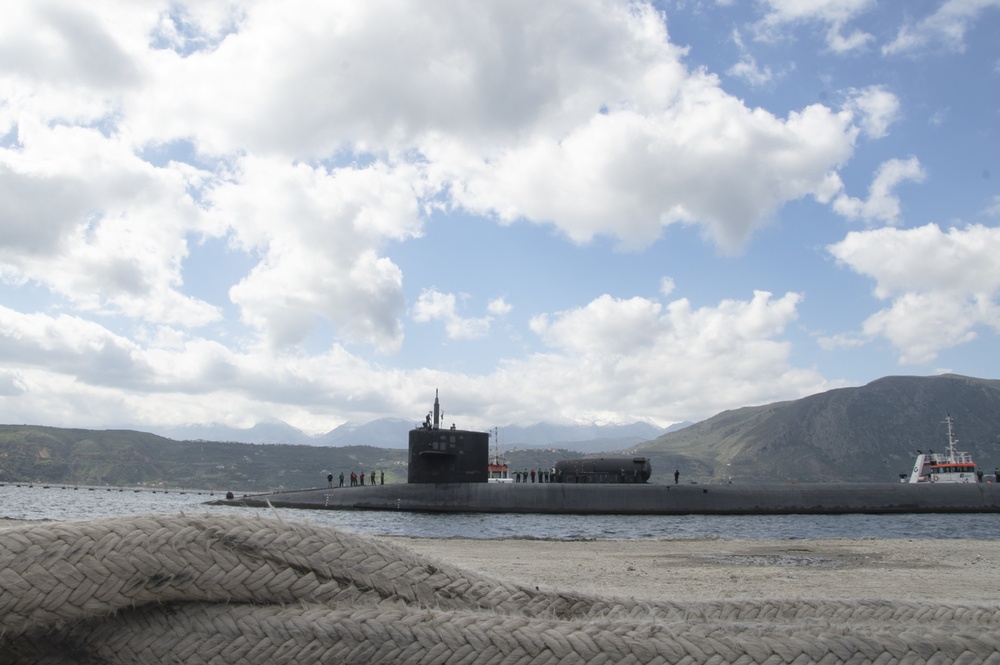 The Ohio-class cruise missile submarine USS Florida (SSGN 728) arrives in Souda Bay, Greece for a scheduled port visit March 14, 2019.