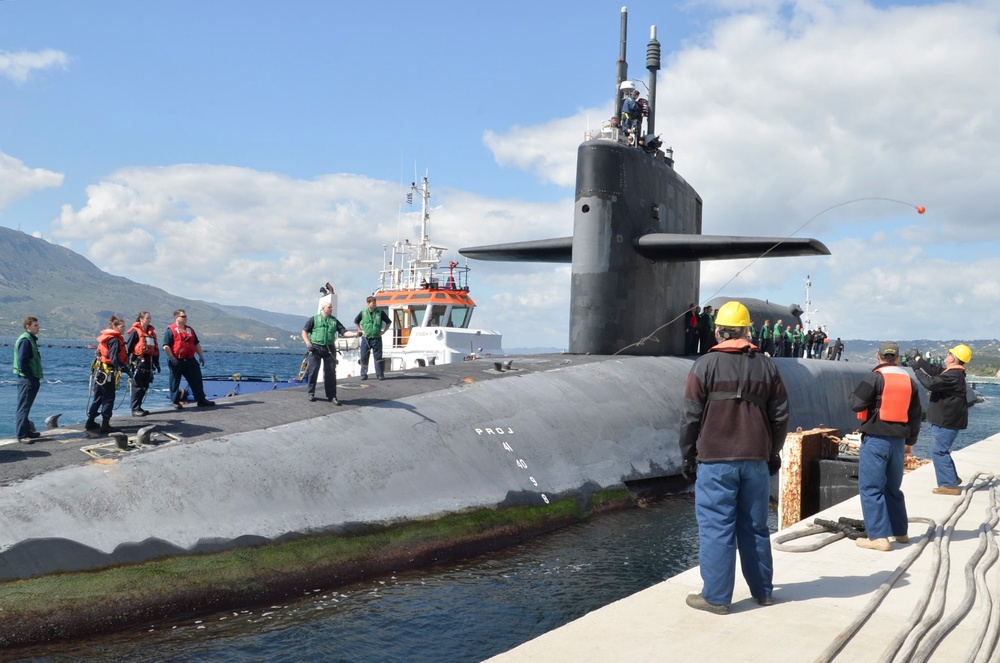 The Ohio-class cruise missile submarine USS Florida (SSGN 728) arrives in Souda Bay, Greece for a scheduled port visit March 14, 2019.